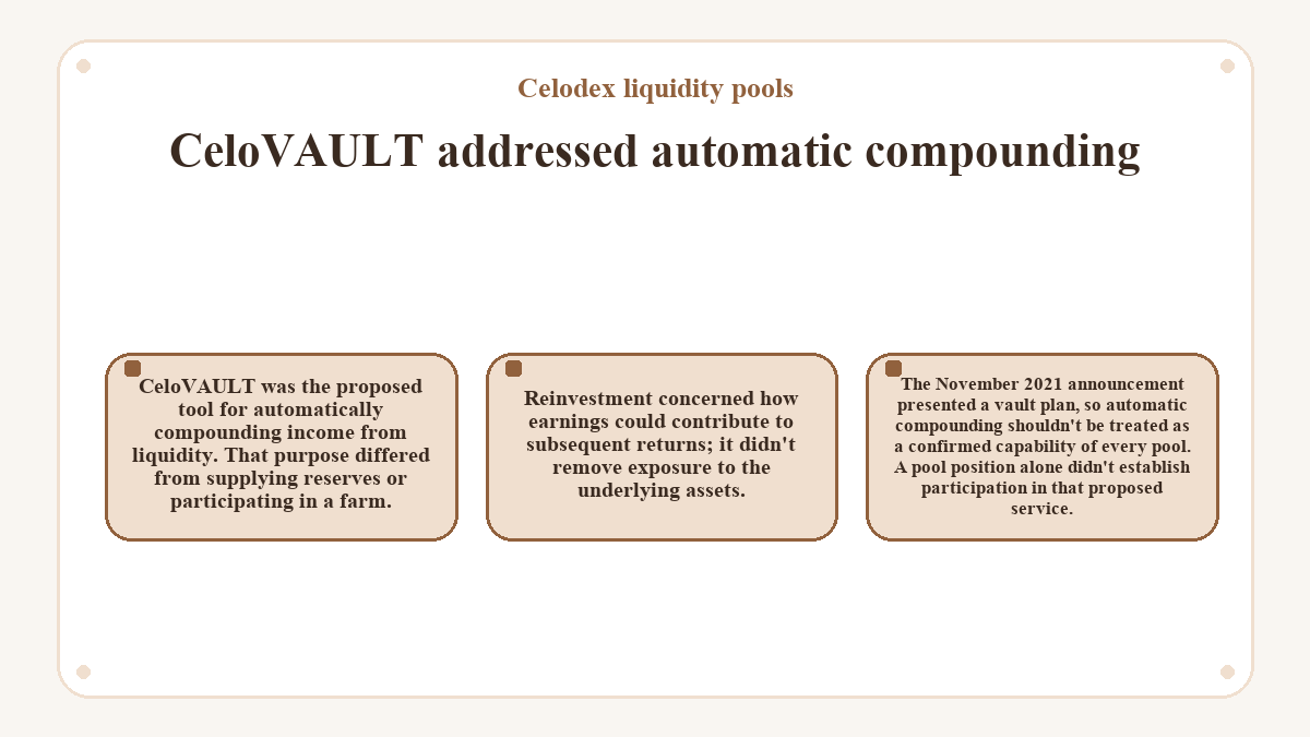 Visual outline: CeloVAULT addressed automatic compounding (Celodex liquidity pools)